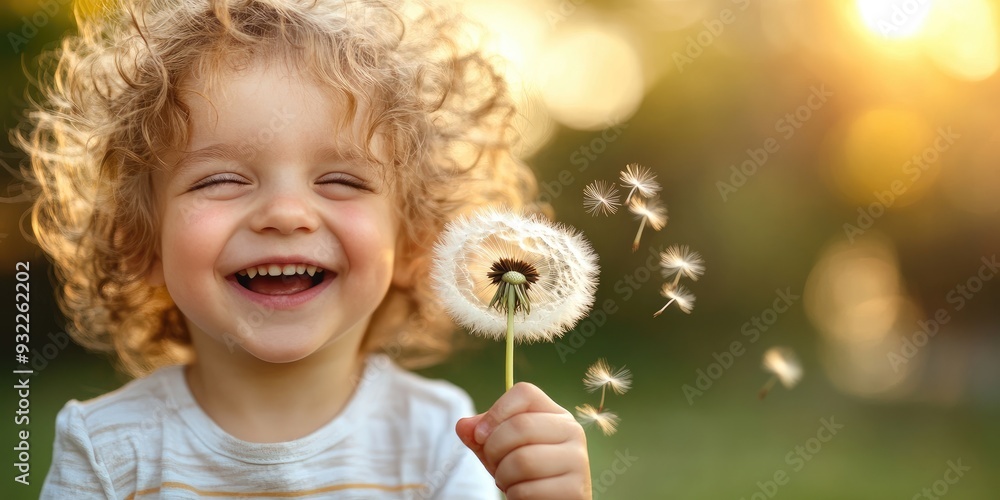 Happy Smiling Child Playing with Dandelion Outdoors in a Garden Happy Smiling Child Playing with Dandelion Outdoors in a Garden
