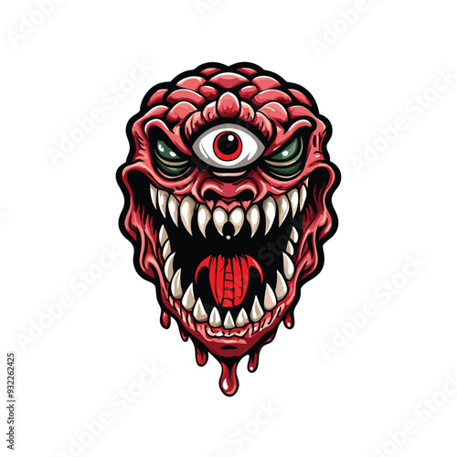 A vector illustration of a terrifying monster with a single eye, sharp teeth and a dripping tongue.