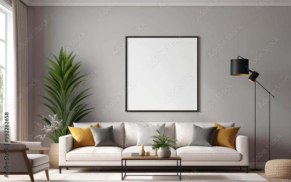 Mock up poster frame in home interior background, Modern style living room, 3D render Mock up poster frame in home interior background, Modern style living room, 3D render