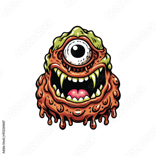 Vector design of a nightmarish one-eyed monster with dripping slime and sharp teeth.