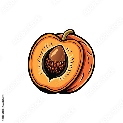 Vector illustration of a whole peach and a halved peach with a pit, designed in a cartoon style.