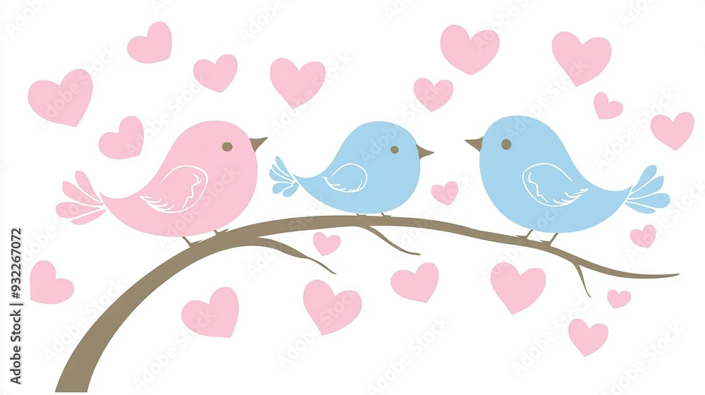 Two birds perched atop a tree branch with red heart shapes against a white backdrop Two birds perched atop a tree branch with red heart shapes against a white backdrop