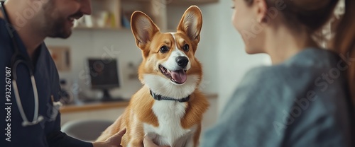 A veterinarian examines a happy corgi while the owner looks on. photo