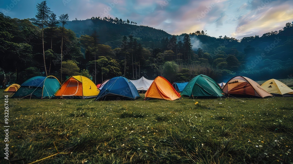 A row of colorful tents are pitched in a grassy clearing surrounded by a dark forest, the sky is cloudy with a faint hint of sunset. A row of colorful tents are pitched in a grassy clearing surrounded by a dark forest, the sky is cloudy with a faint hint of sunset.