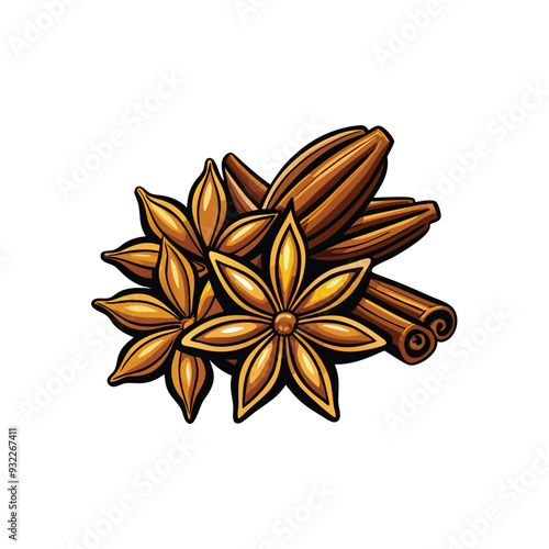 Create a vector illustration of star anise, cinnamon sticks, and cardamom pods in a visually appealing composition.