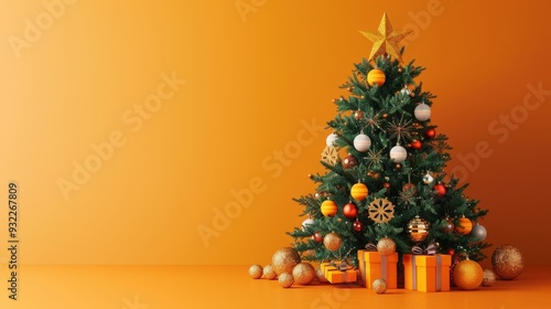 Christmas tree with star and ornaments, Close-up, 3D Blender Style, Cute Minimal style, isolated on orange background, with space for text
