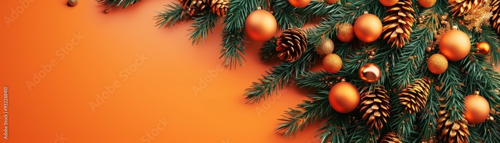 Christmas tree garland, Close-up, 3D Blender Style, Cute Minimal style, isolated on orange background, with space for text