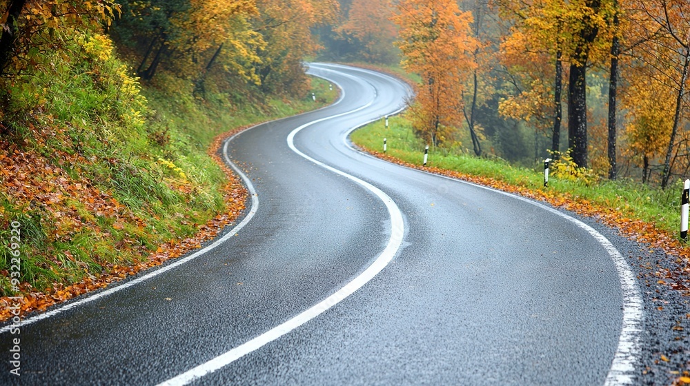 Naklejka premium Curved road, surrounded by trees and leaves; sign on one side