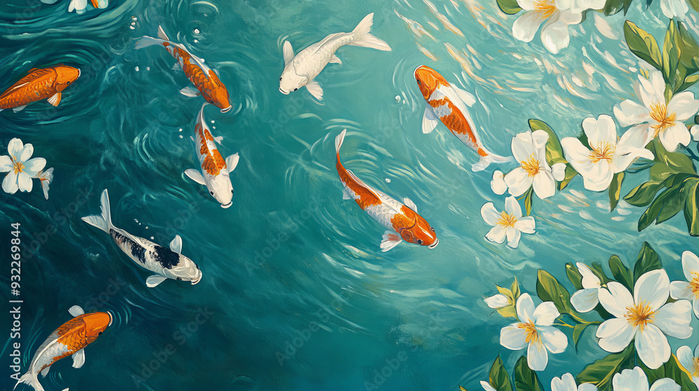 A serene and beautiful painting of two koi fish gracefully swimming in clear water, surrounded by delicate white flowers and vibrant green leaves. The background features a blue sky with gentle ripple A serene and beautiful painting of two koi fish gracefully swimming in clear water, surrounded by delicate white flowers and vibrant green leaves. The background features a blue sky with gentle ripple