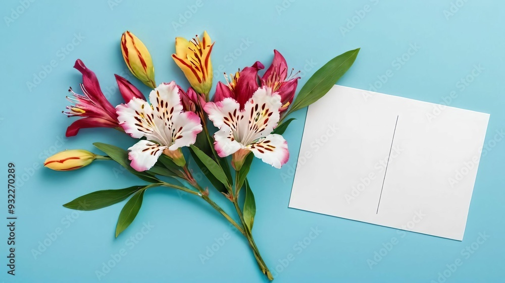 Festive postcard mock up on blue background with alstroemeria and aistra flowers. Top view Festive postcard mock up on blue background with alstroemeria and aistra flowers. Top view