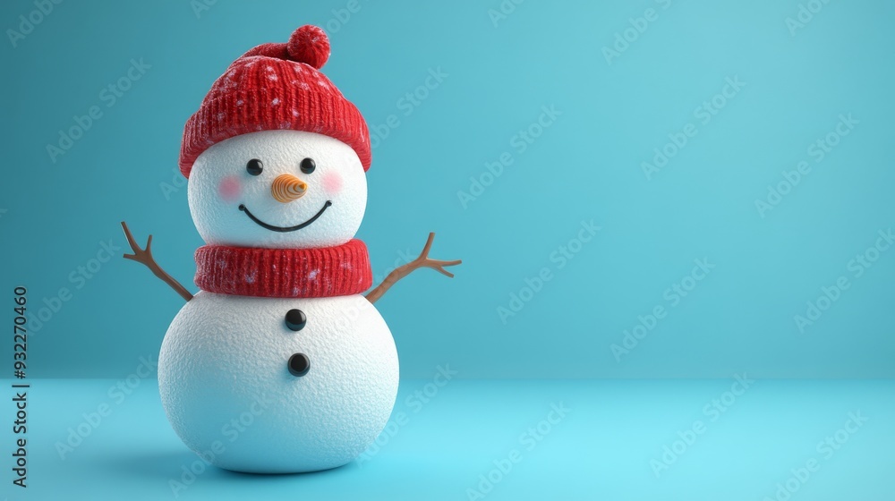 Cute Snowman with Red Hat and Scarf on Blue Background Cute Snowman with Red Hat and Scarf on Blue Background