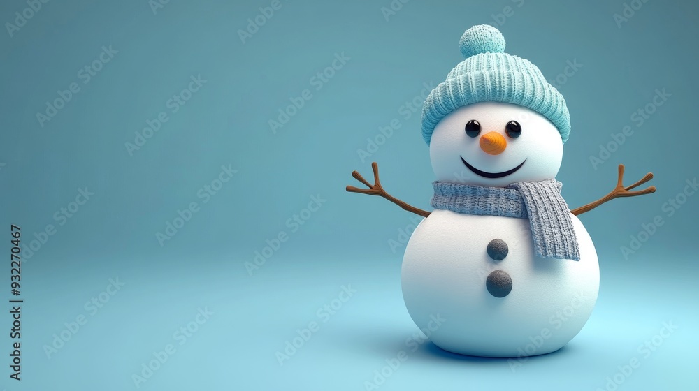 Fototapeta premium Happy Snowman in Blue Knit Hat and Scarf on Light Blue Background