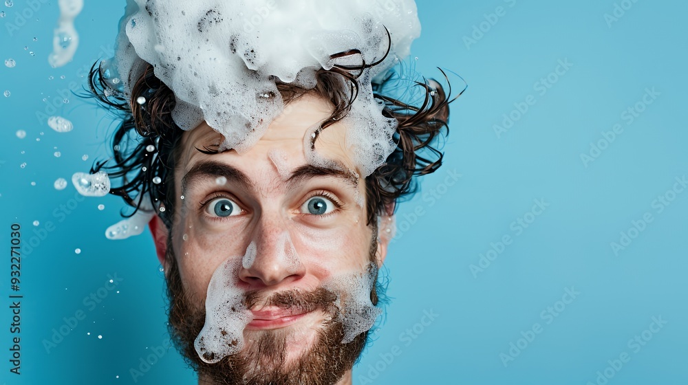 Fototapeta premium A man with soap bubbles on his head, expressing a playful and humorous moment.