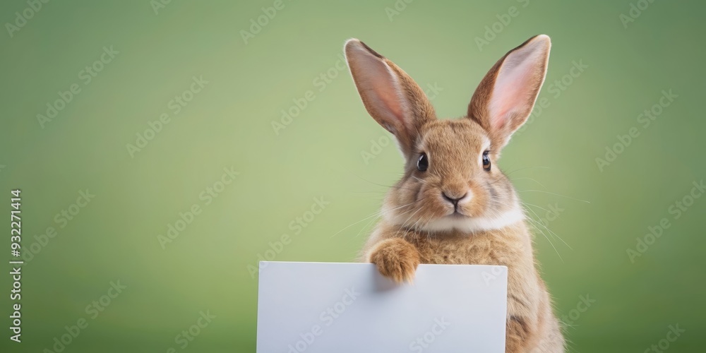 Obraz premium Rabbit holding a sign with copy space, rabbit, sign, blank, holding, message, cute, animal, fluffy, bunny