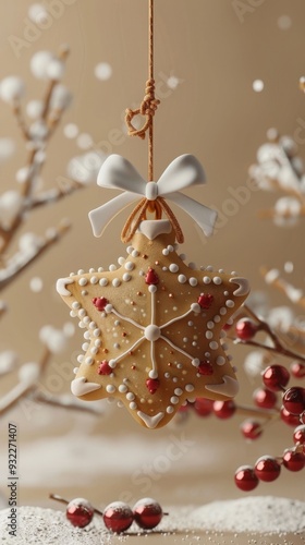 Christmas cookie bell, Close-up, 3D Blender Style, Cute Minimal style, isolated on beige background, with space for text