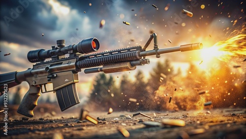 Close-up shot of a rifle firing outdoors, with debris flying and dramatic lighting, gun, firearm, shooting, rifle