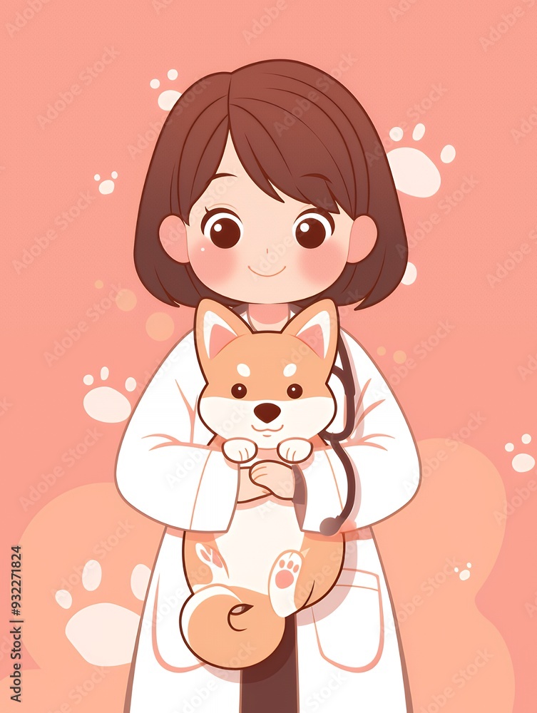 A cheerful character in a lab coat holding a corgi, surrounded by playful paw prints. A cheerful character in a lab coat holding a corgi, surrounded by playful paw prints.