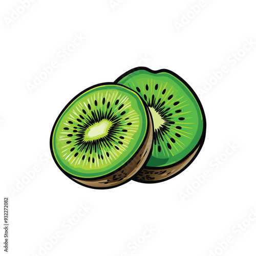 A vector illustration of a juicy kiwi fruit cut in half.