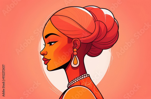 Elegant Profile of an African Woman in Vector Art. The elegance and sophistication of an African woman in a side profile view. Detailed hairstyle, adorned with pearls and jewelry, orange background. photo