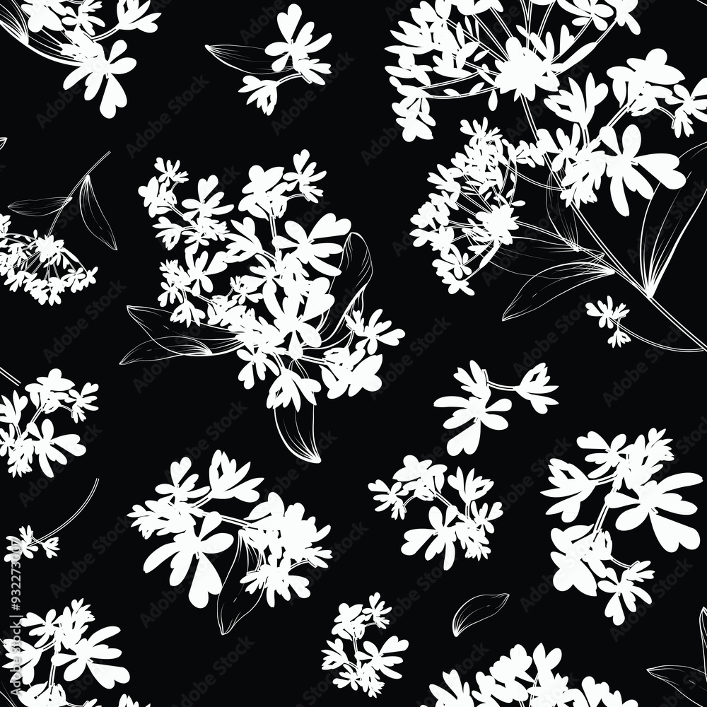 bicolor contour silhouette seamless pattern with flowers and leaves. Abstract floral spring, summer pattern. bicolor contour silhouette seamless pattern with flowers and leaves. Abstract floral spring, summer pattern.
