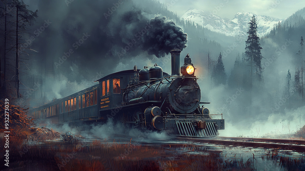 Fototapeta premium A painting depicts a train on a track surrounded by billowing smoke and a majestic mountain in the distance