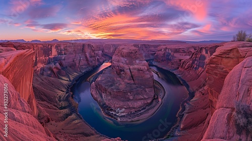 Horseshoe Bend canyon and Colorado River winding through red rock cliffs in Arizona during a dramatic sunset.