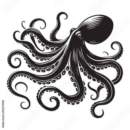 Abstract Octopus silhouette. Isolated animal. Vector illustration, Octopus silhouette white background
