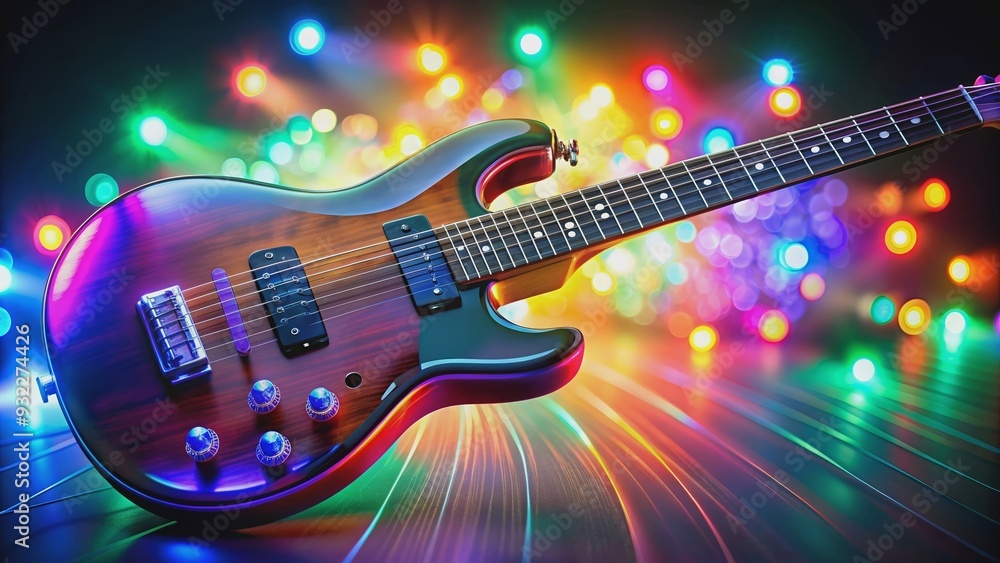 Obraz premium Electric guitar with colorful lights shining on it, music, instrument, electric, guitar, lights, colorful, shiny, strings