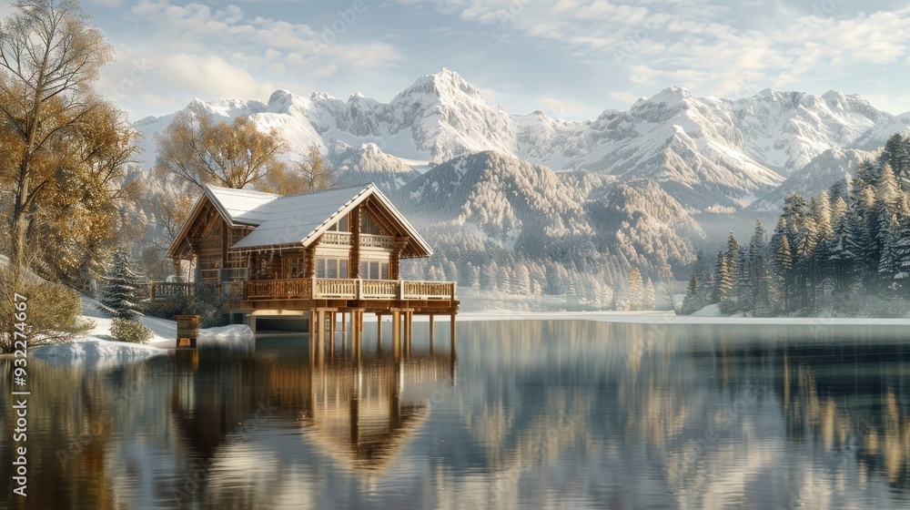 Fototapeta premium Serene wooden house on stilts reflecting in lake with snowy mountains and pine trees