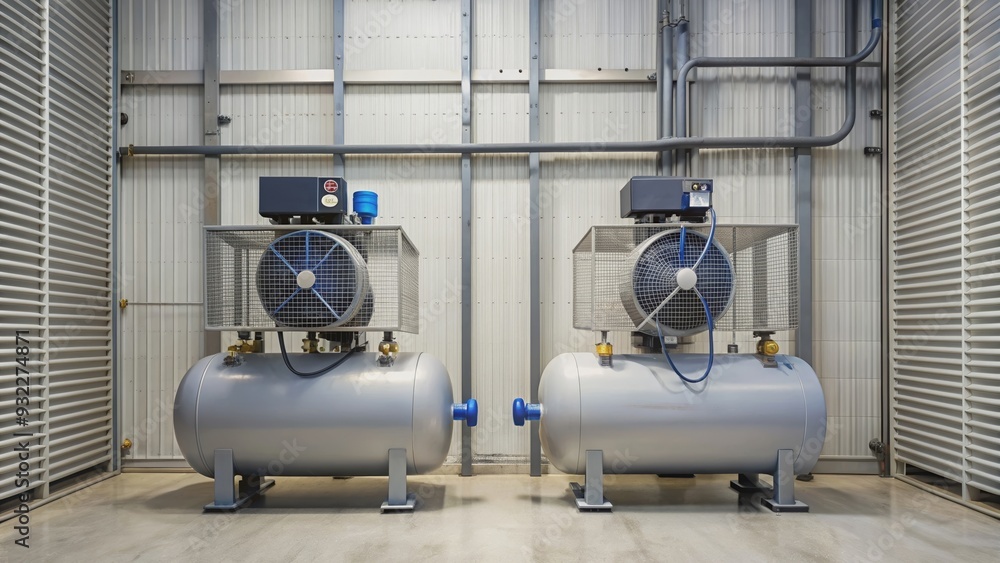 Two air compressors mounted on a wall , air compressors, wall-mounted, industrial equipment, machinery, mechanical Two air compressors mounted on a wall , air compressors, wall-mounted, industrial equipment, machinery, mechanical
