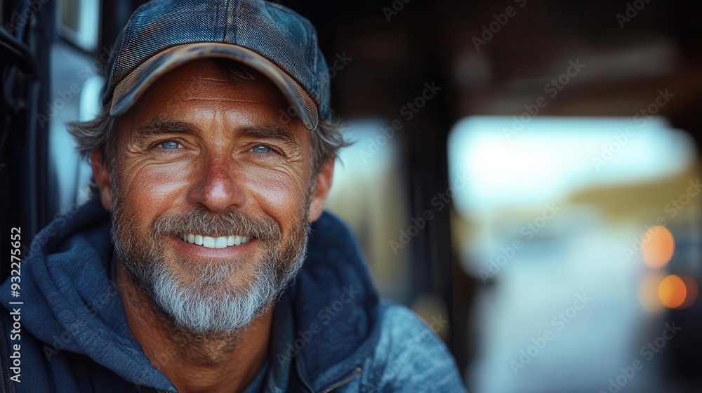 portrait of a friendly middleaged trucker with a warm smile standing proudly next to his large semitruck on an american highway embodying the spirit of longhaul transportation portrait of a friendly middleaged trucker with a warm smile standing proudly next to his large semitruck on an american highway embodying the spirit of longhaul transportation