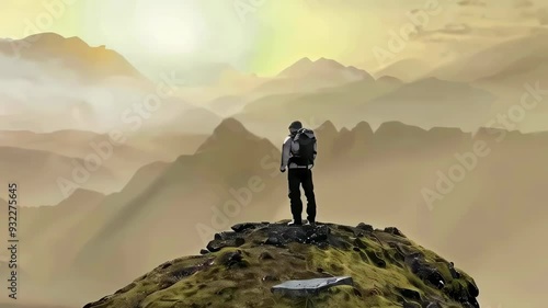 camera moves around a Man standing on top of a mountain, among beautiful mountains during sunset. Travel and climbing.