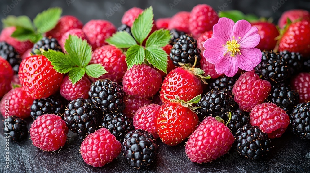 A group of raspberries and blackberries resting on a dark background surrounded by green foliage and a pink blossom A group of raspberries and blackberries resting on a dark background surrounded by green foliage and a pink blossom