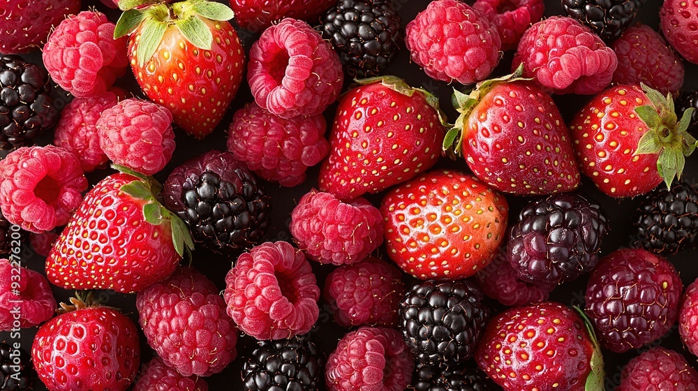 A stack of red and black berries, with raspberries atop A stack of red and black berries, with raspberries atop