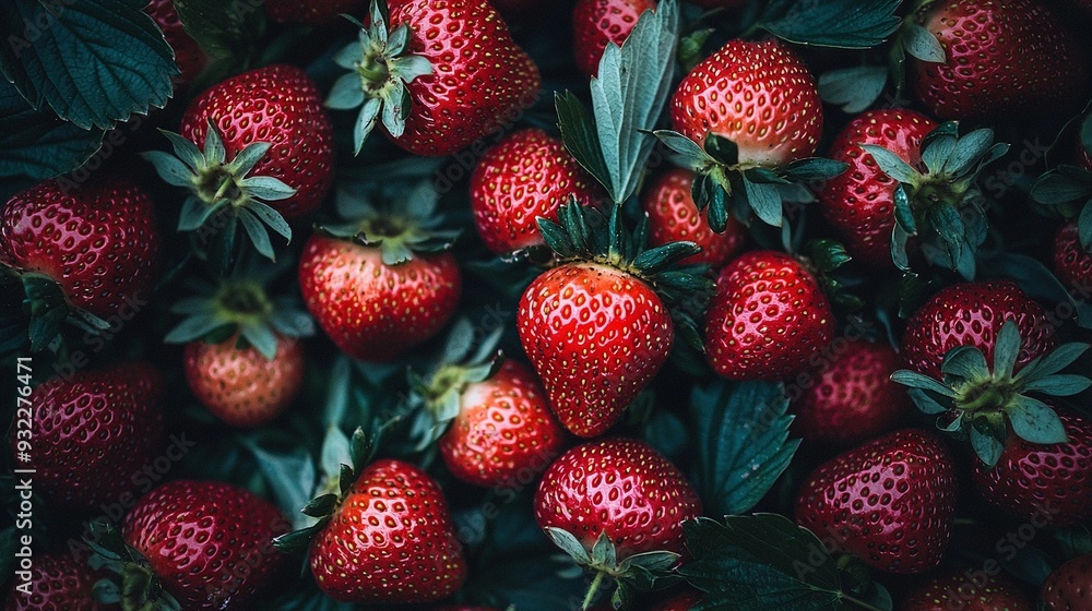 A close-up of several strawberries with leaves on top and bottom A close-up of several strawberries with leaves on top and bottom