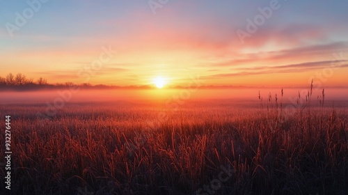 Sunrise over tranquil meadow with barbed wire and grass in soft morning light