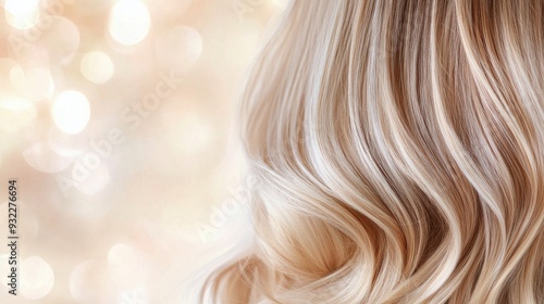 Young woman with long, flowing blonde hair against a soft background in natur...