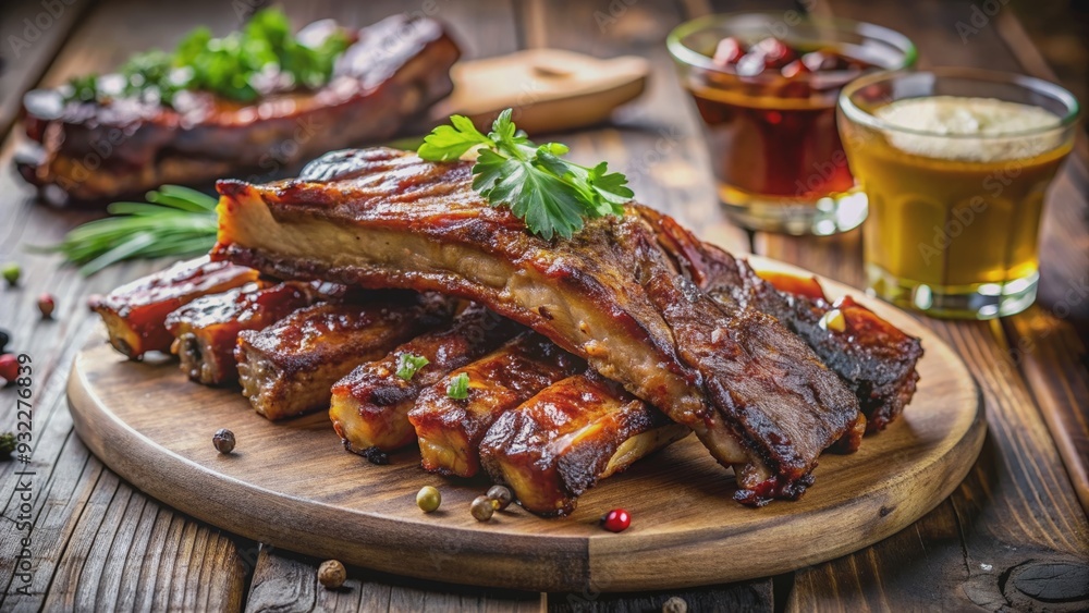 Close up of juicy spareribs and Dochi on a table with natural light , dim sum, Chinese food, pork ribs, appetizer, delicious Close up of juicy spareribs and Dochi on a table with natural light , dim sum, Chinese food, pork ribs, appetizer, delicious