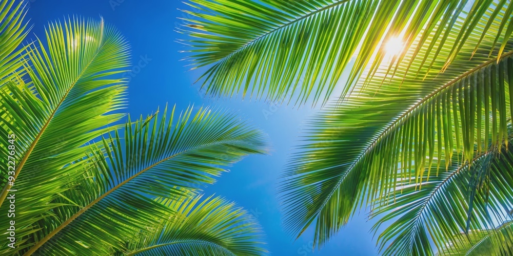 Naklejka premium Close-up of palm tree branches against blue sky, tropical, palm leaves, nature, background, exotic, foliage, green