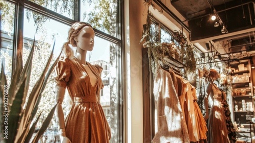 Display of stylish clothing on mannequins in a modern boutique during autumn