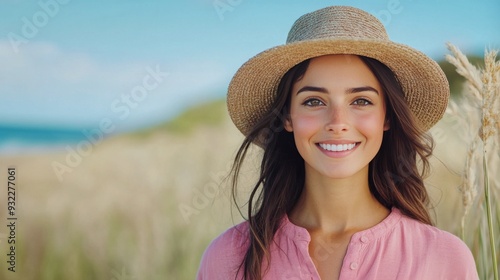 Smiling woman wearing a straw hat under palm trees on a sunny tropical day
