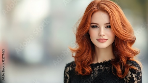 Young woman with red hair poses in elegant black lace dress against a wooden ...