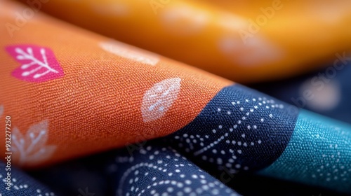 Close-up of colorful patterned fabrics showcasing nature-inspired designs