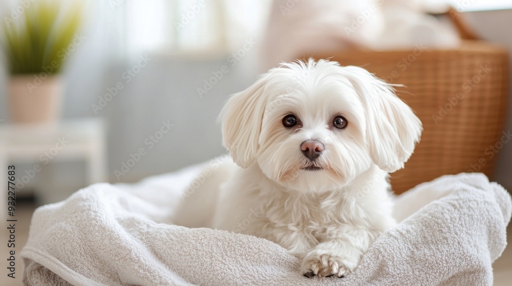Cute white dog resting on a soft blanket in a cozy indoor setting Cute white dog resting on a soft blanket in a cozy indoor setting