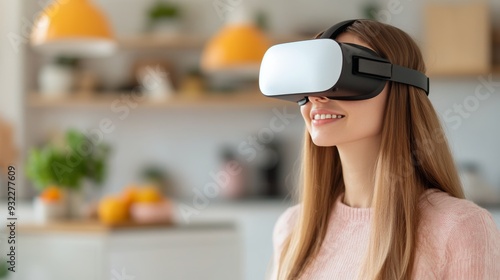 Woman enjoying virtual reality experience in a cozy kitchen setting