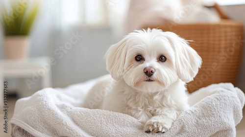 Cute white dog resting on a soft blanket in a cozy indoor setting