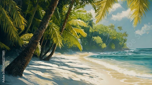 Coconut palm trees on a pristine bounty beach photo