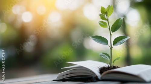 A small plant grows from an open book in a sunlit garden setting