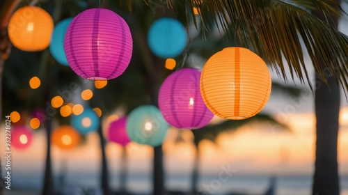 Colorful lanterns hang from palm trees at a cheerful outdoor gathering during...
