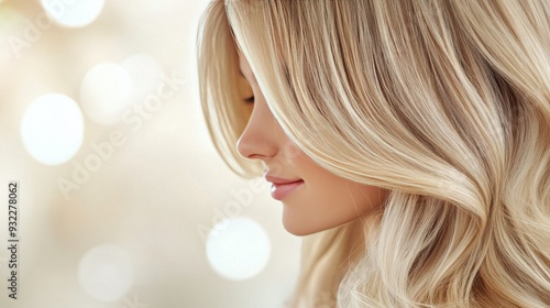 Young woman with long, flowing blonde hair against a soft background in natur...